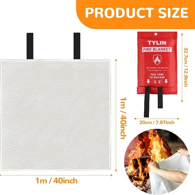 TYLIN Emergency Fire Blanket for Home & Kitchen 40” x 40” - 4 Pack, High Heat Resistant Fire Suppression Blankets for Home Safety, Kitchen, and Camping (4)