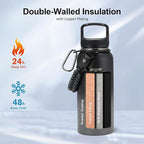 Trebo 32 oz Water Bottle Insulated with Paracord Handle and 3 Lids, Leakproof Stainless Steel Vacuum Water Jug Keep Cold 48 Hours, BPA-Free Gym Water Flask for Men Women Sports, Travel, Dark Gray