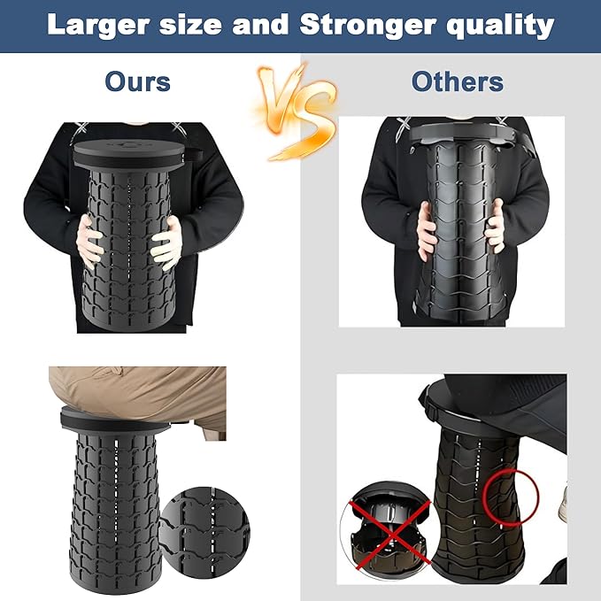 ALEVMOOM XXL Telescoping Stool with Cushion,Taller 19.7"Wider 11.8" Collapsible Chair More Sturdy Capacity 1000Ib,Portable Camping Adjustable Stool for Garden Fishing Hiking Mountain BBQ (Large Black)