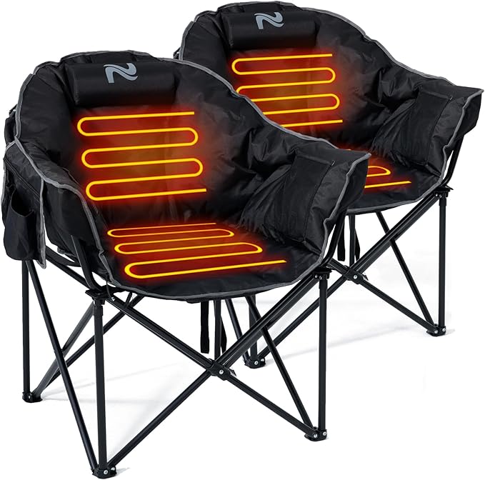 LILYPELLE Oversized Heated Camping Chair, Patio Lounge Chairs with 3 Heat Levels, Portable Folding Heated Chair Round Moon Saucer Folding Lawn Chair Outdoor Chair for Camping, Lounge Patio