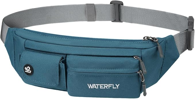 WATERFLY Small Crossbody Fanny Pack: 5 Pocket Slim Lightweight Waist Belt Hip Bag for Women Men Water Resistant Chest Pouch for Travel Hiking Running Walking Fit All Phones - Peacock Blue