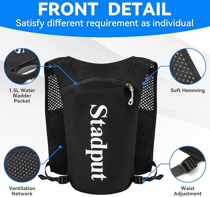 Reflective Hydration Running Vest Backpack | Lightweight 1.6L Water Bladder Bag for Trail Running, Cycling & Marathon | Perfect for Men & Women with Mobile Holder & Multiple Pockets | Premium Black