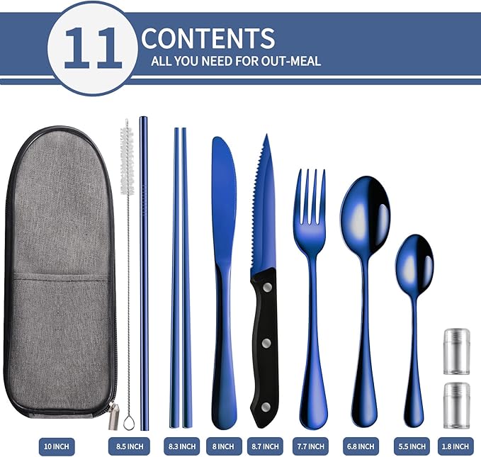 Portable Travel Utensils Set,Reusable Utensils,Travel Camping Cutlery Set,Stainless Steel Flatware Set with Case,Lunch Boxes Workplace Camping School Picnic (Blue)