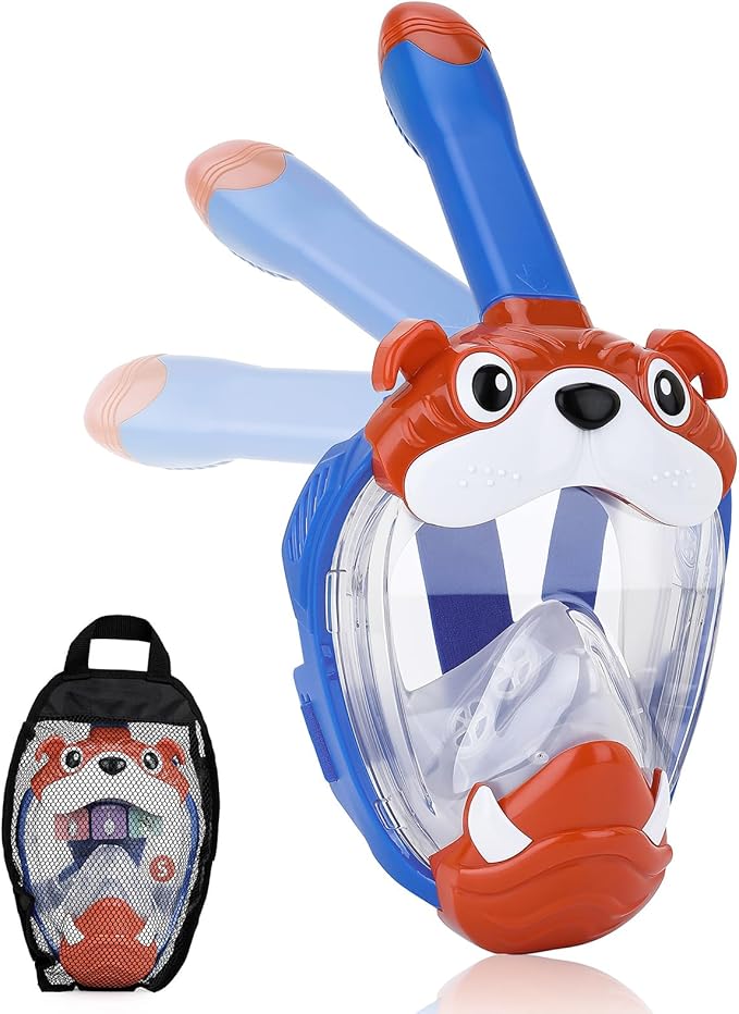 Full Face Snorkel Mask for Kids 4-16, 180 Degree Panoramic View Snorkeling Set Anti-Fog Anti-Leak, Foldable Dry Top Snorkeling Gear for Kids