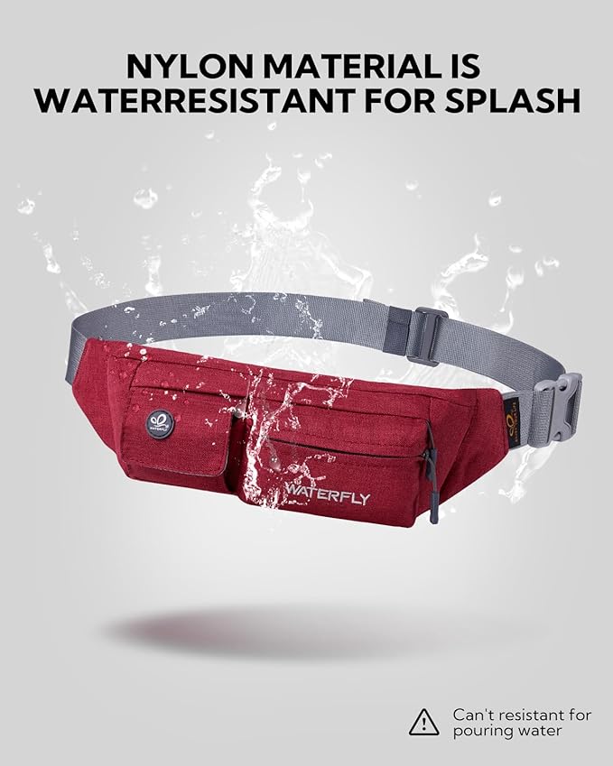 WATERFLY Fanny Pack Slim Soft Polyester Water Resistant Waist Bag Pack for Man Women Carrying iPhone 8 Samsung S6 (Wine red)