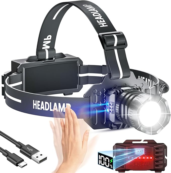 LED Rechargeable Headlamp, Head Lamp Super Bright with 9 Modes & IPX6 Waterproof Zoomable Head Lights for Forehead, 90° Adjustable Headlamps for Camping Hiking Hunting Fishing Car Repair
