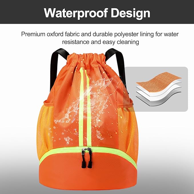 Hoedia Sports Drawstring Backpack - String Swim Gym Bag with Shoes Compartment and Wet Proof Pocket for Women/Men (Orange)