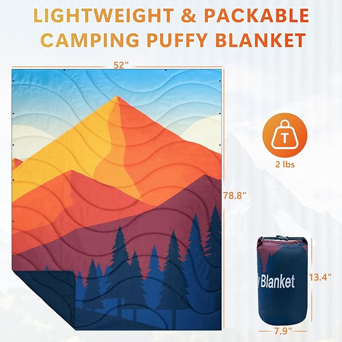 Camping Blanket, Packable Down Alternative Puffy Outdoor Blankets Lightweight Water-Resistant Compact Outdoor Blanket for Airplane Travel Picnic Stadium Hiking Party Cold Weather 55"x78.8"