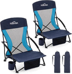 Homcosan Portable Low Folding Beach Chairs Set of 2 - Lightweight Camping Chairs for Adults with Cup Holder & Storage Pockets, Carry Bag Included (Navy & Blue)