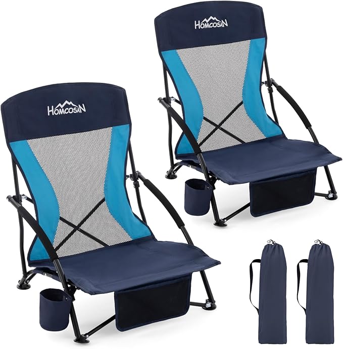 Homcosan Portable Low Folding Beach Chairs Set of 2 - Lightweight Camping Chairs for Adults with Cup Holder & Storage Pockets, Carry Bag Included (Navy & Blue)