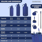 64 Oz Insulated Water Bottle with Strap Stainless Steel Sports Water Bottle with 3 Lids (Straw, Chug and Flip Lid) Leak Proof Metal Half Gallon Jug for Men & Women - Navy Blue