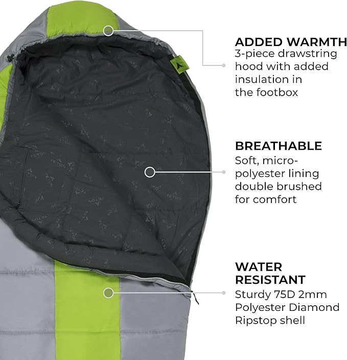 Teton 20F and 5F Degree Sleeping Bag; Lightweight, Warm Weather Mummy Sleeping Bags for Adults and Kids, Camping, Backpacking, Hiking