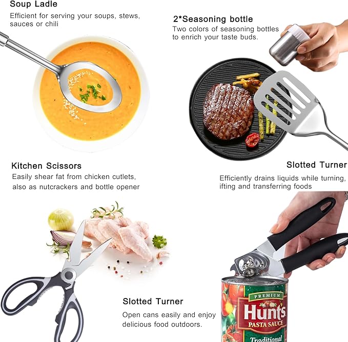 Camping Cooking Utensils Set - Camping Utensil Set Car Camping Cooking Essentials Gear for Camp Kitchen Cooking and Grilling, Stainless Steel & Silicone Ideal Gift for RV Tent Camper