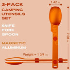 Magnetic Camping Utensils Set, Portable & Reusable Metal Travel Flatware, Camping Cutlery Set, Knife, Fork & Spoon, 3-PACK, Orange