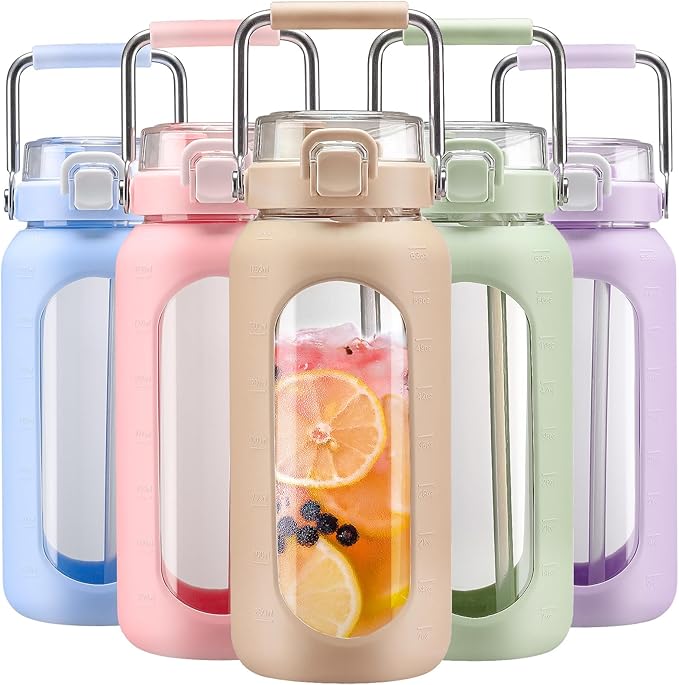 BLUEGO 64oz Water Bottle Glass with Stainless Steel Handle Large Water Bottle with Time Markers and Silicone Sleeve Half Gallon Water Jug BPA Free for Gym Daily Use, Amber