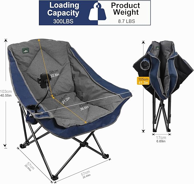 Northroad Oversized Foldable Camping Chair with Cell Phone Holder,Outdoor Padded Lawn Chair w/Cup Holder,Carry Bag for Beach, Hiking, and Picnics,Heavy-Duty 300-lbs Capacity, Blue