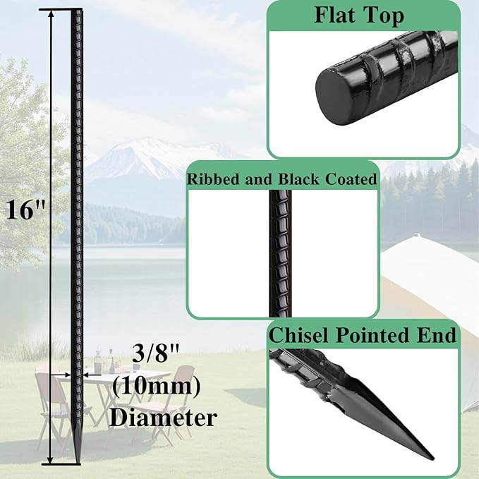 Rebar Stakes 16 Inch 20 Pack Heavy Duty Ground Anchors with Chisel Point End Long Straight Steel Tent Stakes 3/8" Thickness Metal Spikes Black Coated for Concrete Timber Camping Garden Plant