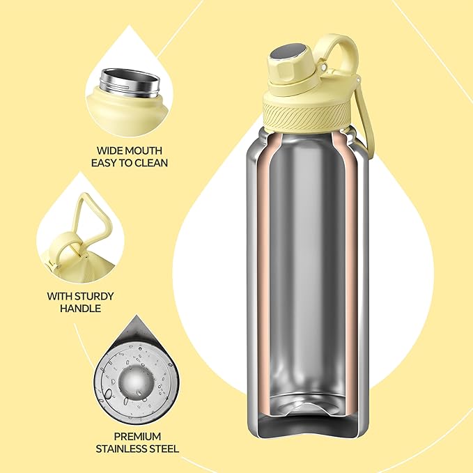 IDEUS Insulated Stainless Steel Water Bottle with 2 Leak-Proof Lids, Thermal Water Flask for Hiking Biking, 40oz, Light Yellow