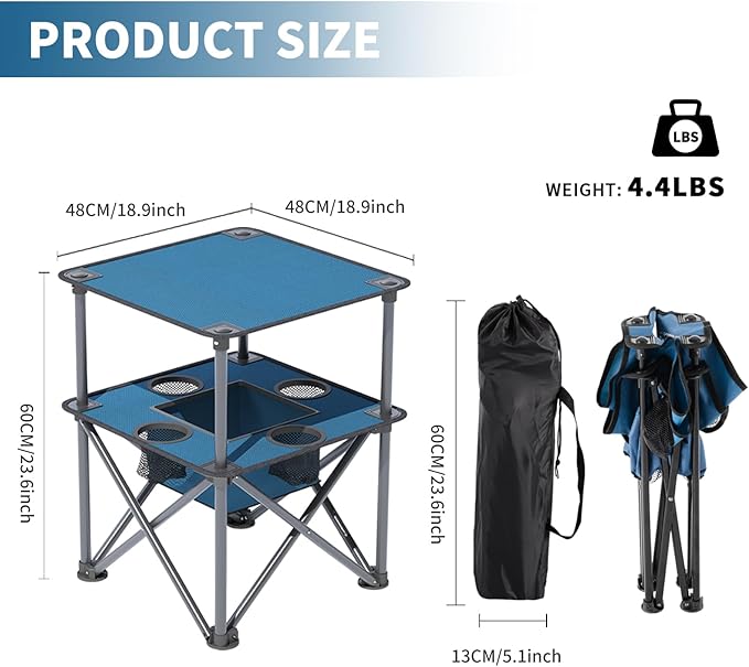 Folding Camping Table, Portable Outdoor Picnic Table, Lightweight Square Camp Table with Built-in 4 Cup Holders Food Basket and Travel Bag for Barbeque Beach Camping and Tailgate Blue