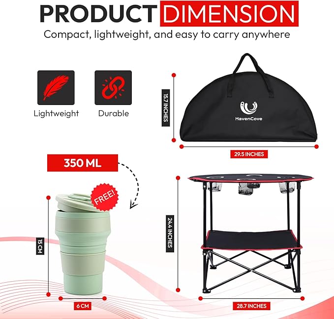 Folding Camping Table, 2-Tier Portable Table with Cup Holders, Carry Bag and Folding Cup, Small Camp Table for Tailgate, Picnic, BBQ, Beach, Fishing & Outdoor Use