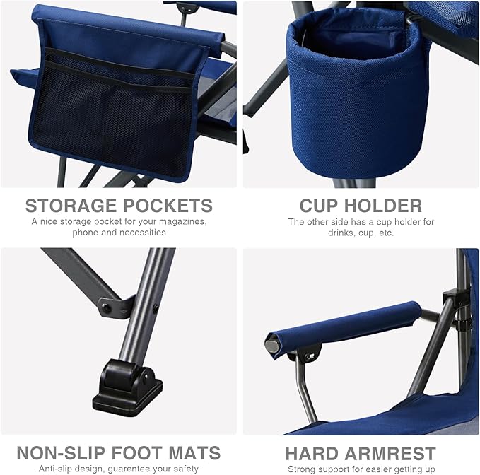 EVER ADVANCED Oversized Folding Camping Chair for Adults, Heavy Duty Lawn Chair with Side Pockets, Portable Collapsible Quad Chair for Outside, Support Up to 500lbs, Blue 2PACK