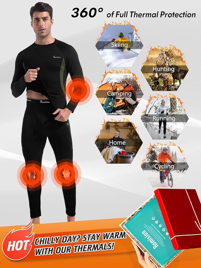romision Thermal Underwear for Men Long Johns Fleece Lined Hunting Gear Bottom Top Set Base Layer for Cold Weather Gift