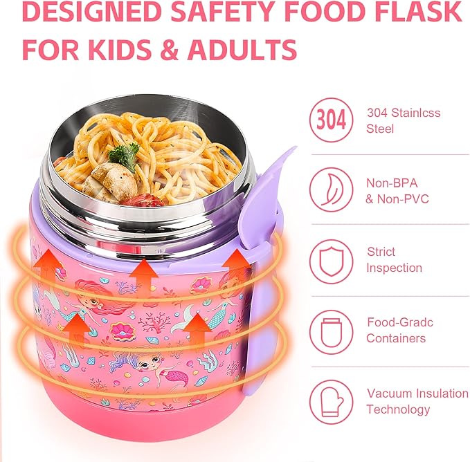 10oz Soup Thermo for Hot Food Kids Insulated Food Jar,Thermo Hot Food Lunch Container, Width Mouth Stainless Steel Lunch Box for Kids with Spoon (Pink-mermaid)
