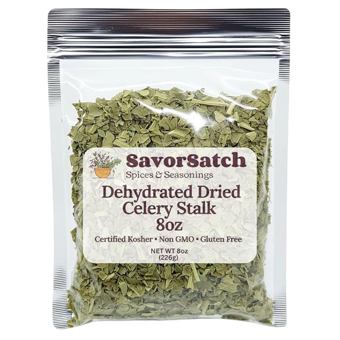 SavorSatch Dehydrated Dried Celery Flakes, Crosscut – 8oz Resealable Pouch | Dried Vegetables for Cooking, Soups, Stews, Camping, Emergency Supply | Certified Kosher