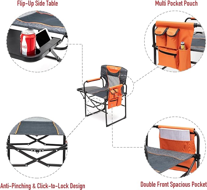 SUNNYFEEL Camping Directors Chair, Heavy Duty,Oversized Portable Folding Chair with Side Table, Pocket for Beach, Fishing,Trip,Picnic,Lawn,Concert Outdoor Foldable Camp Chairs