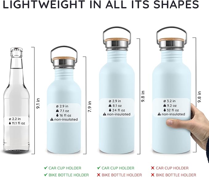 Bambaw Metal Water Bottle 750 ml, Light Blue Sports Bottle, Non-Insulated Water Bottle, Stainless Steel Bottle 750 ml, Stainless Steel Bottle – Nordic Blue