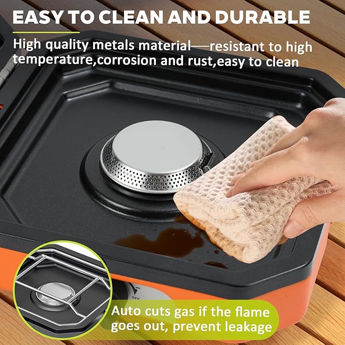 Adjustable 2 Burner Propane Camping Stove With Grill and Carry Bag, 16,000 BTU Foldable Camp Stove, Flame-out Protection, Camping Stove for BBQ/Tailgating, Orange