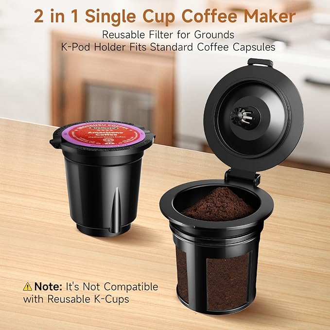 Single Serve Coffee Maker, Fast Brew One Cup Coffee Machine for K Cup and Grounds, 6 to 12 oz. Brew Sizes, Capsule Coffee Machine with Descaling Reminder and Viewing Tank, Black