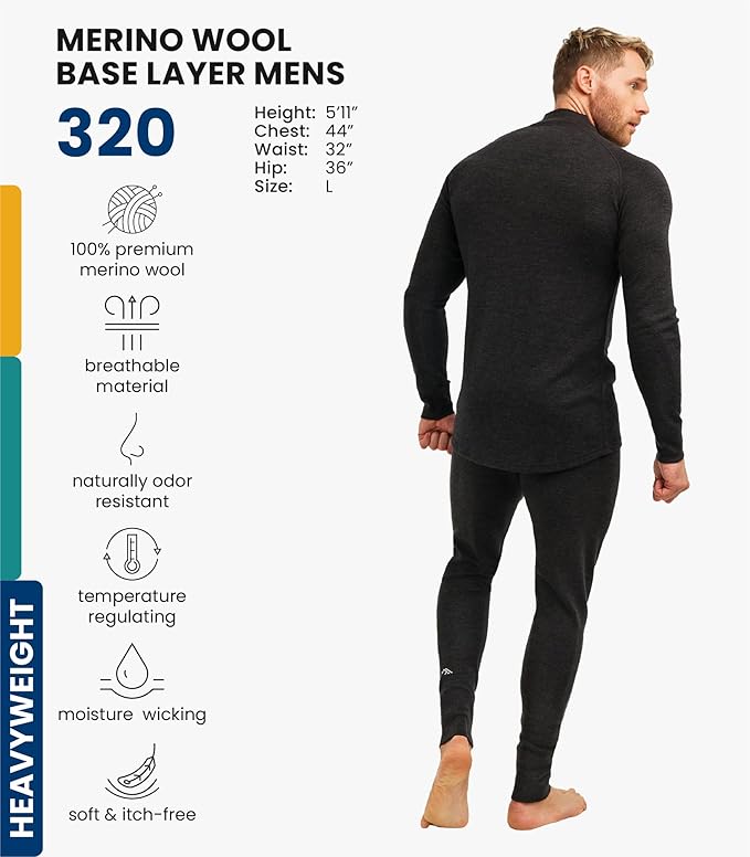 Merino.tech Men’s Merino Wool Base Layer Set – Zip-Up Heavyweight, Midweight Thermal Top & Bottom