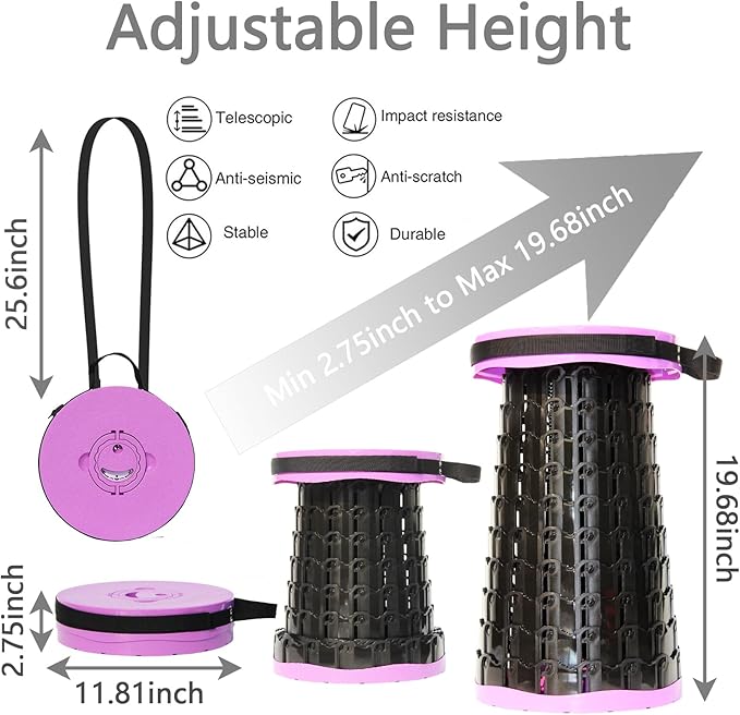 Upgraded XXL Collapsible Stool with Cushion,19.7"H-11.8"D Telescoping Folding Stool for Adults,More Sturdy Portable Camping Stools with Load Capacity 1000lbs for Outdoor,Garden,Fishing,Hiking