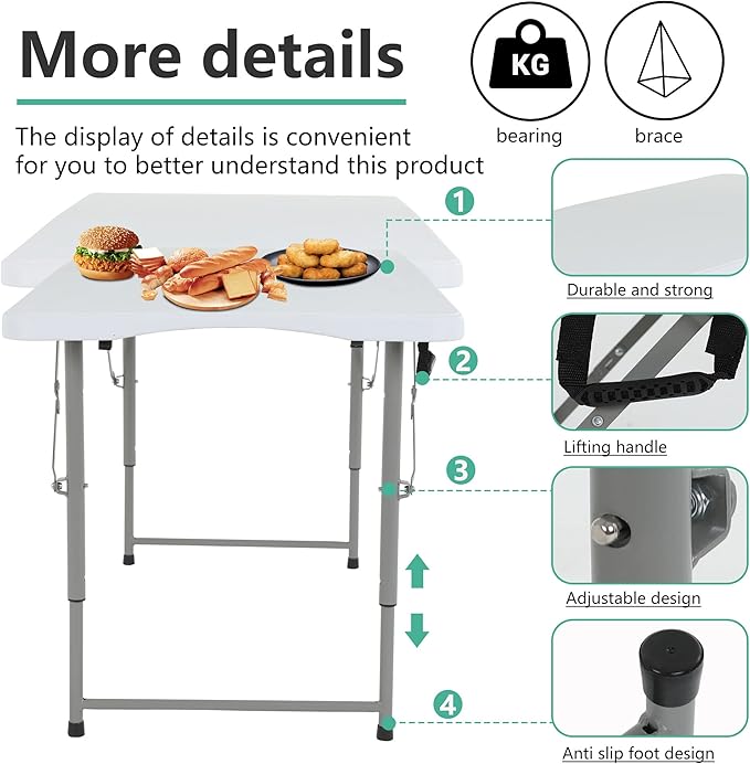 FDW Folding Half Portable Foldable Table for Parties Backyard Events (White, 6 FT 70 * 29) (White, 4 FT)
