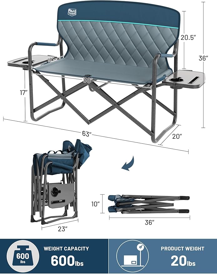 TIMBER RIDGE Double Camping Chair Portable Loveseat, Heavy Duty Folding Camp Couch 2 Person Director Chairs with Cup Holder for Outdoor Lawn Tailgates Picnic Sports Soccer Games Supports 600 lbs Blue
