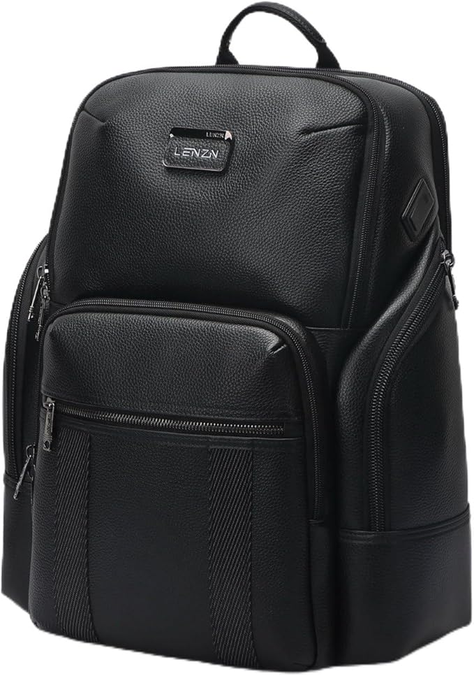 Durable Leather Laptop Business Backpack Perfect for Men & Women, Work Backpack Fits 15.6 Inch, Premium Quality Travel Bag with USB Charging Port, Water-Resistant, Bookbag with Multiple Pockets