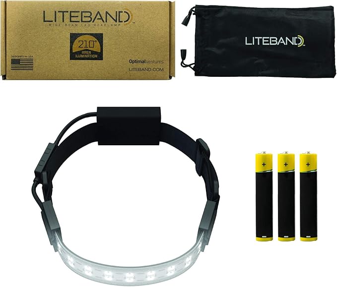 OPTIMAL VENTURES LED Headlamp Liteband Super Lightweight Flex 300 Lumen Bright Head Lamp, AAA Battery Powered Headlamps, Camping, Running, Hard Hat Light, Best Rated for Forehead Flashlight, Night