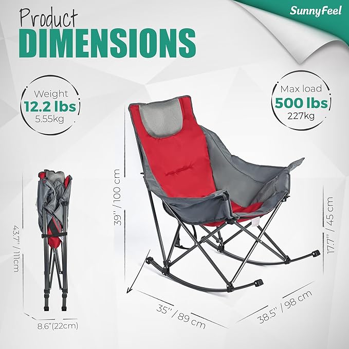 SUNNYFEEL Rocking Camping Chair 2 Pack, Outdoor Oversized Folding Lawn Chair with Pocket, Heavy Duty for Outdoor/Picnic/Lounge/Patio, Portable Camp Rocker Chairs with Carry Bag