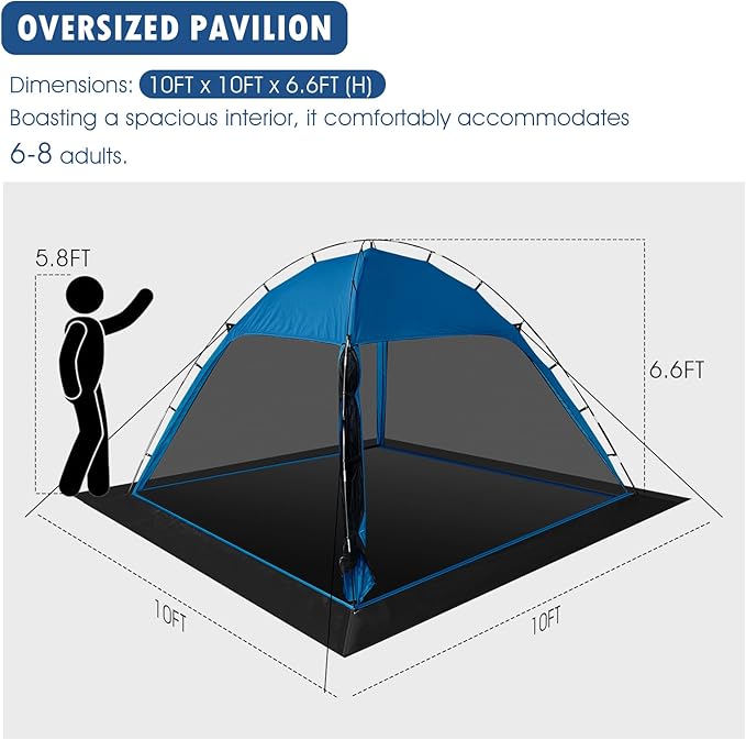 Screen Tent with Removable Floor, Siebwin Large 10'x10' Gazebos with Mosquito Netting and Removable Floor Sunproof Outdoor Canopy Tent for Backyard Outside Activities, Blue