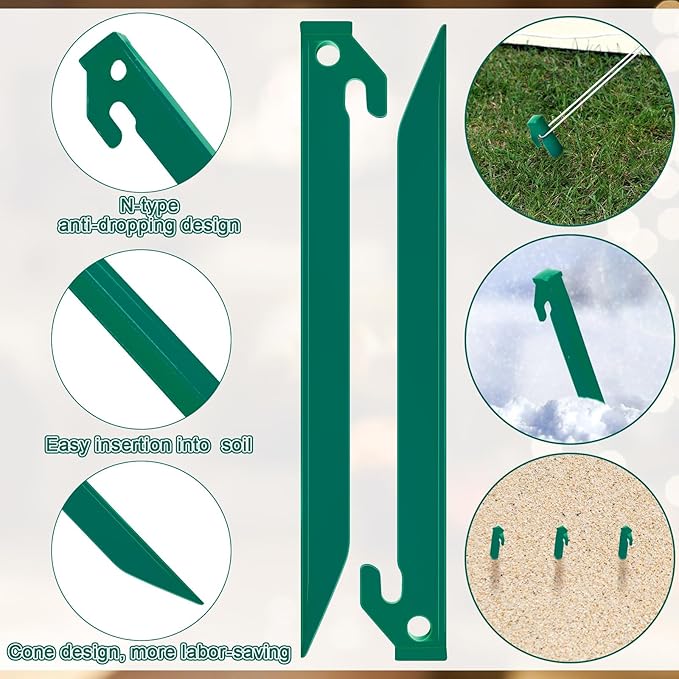 Deekin Plastic Tent Stakes 9 Inch Heavy Duty Tent Pegs Spike Hook Stakes for Summer Beach Garden Decorations Camping Outdoor Lawn Tarp