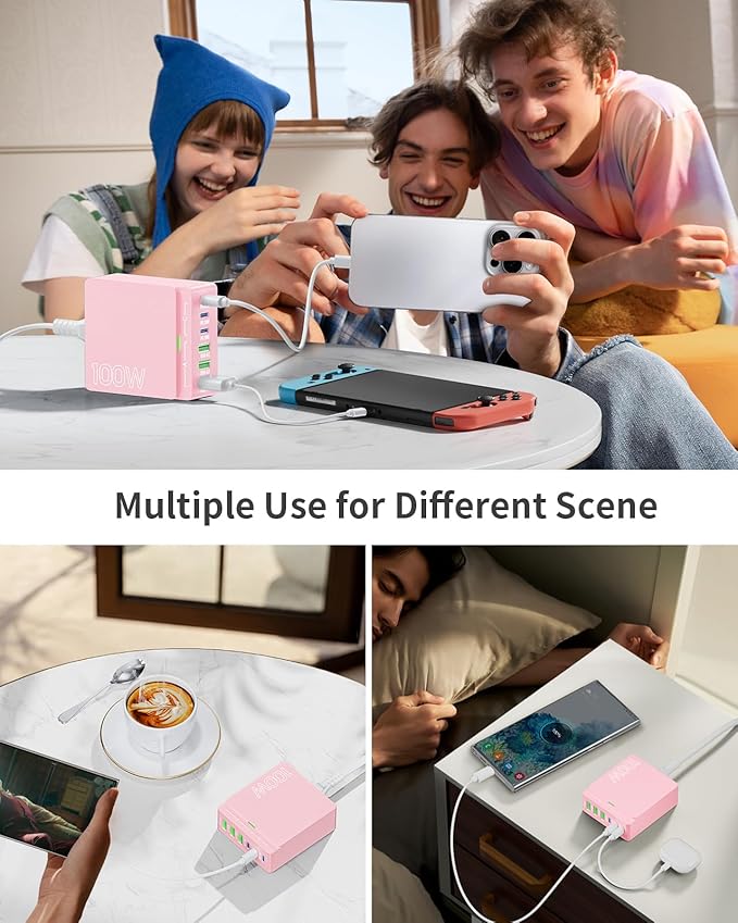 USB C Charger Block Charging Station: 100W 6 Port GaN Fast Charging Brick Hub Cube Box - PD 3.0 Type C & USB A Wall Charger Power Adapter for All iPhone 17 iPad Samsung Android Pixel Series