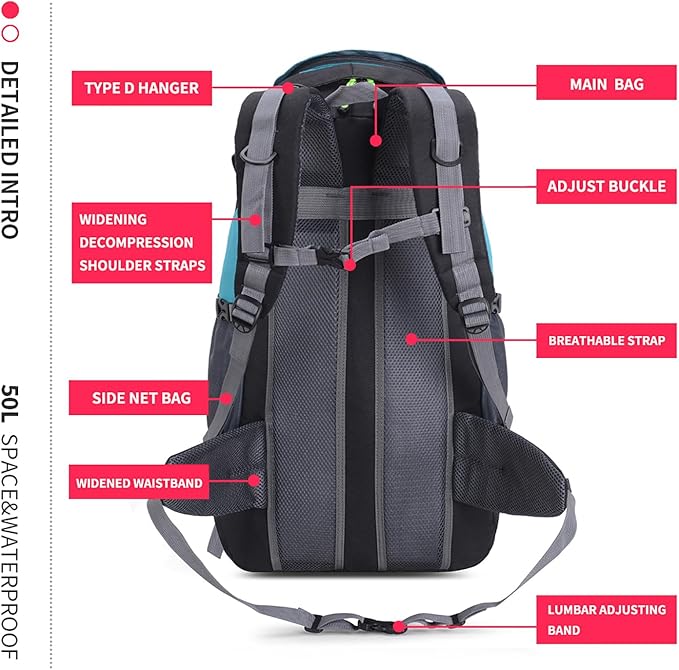 Bseash 50L Hiking Backpack, Water Resistant Lightweight Outdoor Sport Daypack Travel Bag for Camping Climbing Skiing Cycling (Lake Green - No Shoe Compartment)