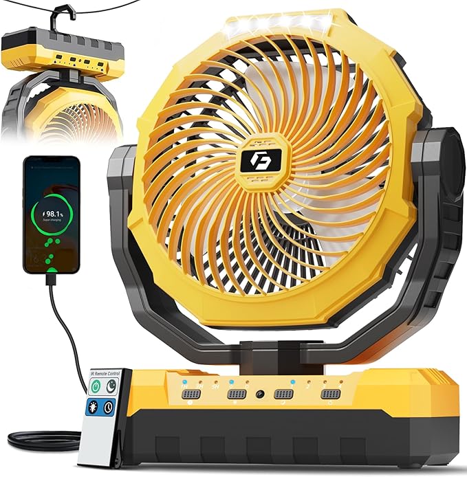 FRIZCOL 3-in-1 Camping Fan - Portable Fans Rechargeable - 24000mAh Battery Powered Fan(140Hrs) with Light & Remote for Indoor, Outdoor, Tent, Travel, BBQ, Fishing, Jobsite - Yellow