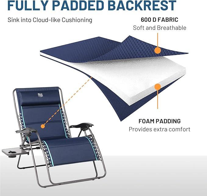 TIMBER RIDGE Oversized Zero Gravity Chair, 33In Wide XXL Zero Gravity Reclining Chair with Side Table, Full Padded Lounge Chair for Outdoor Camping Patio Lawn, Heavy Duty Supports 500lbs, Blue-2 Pack