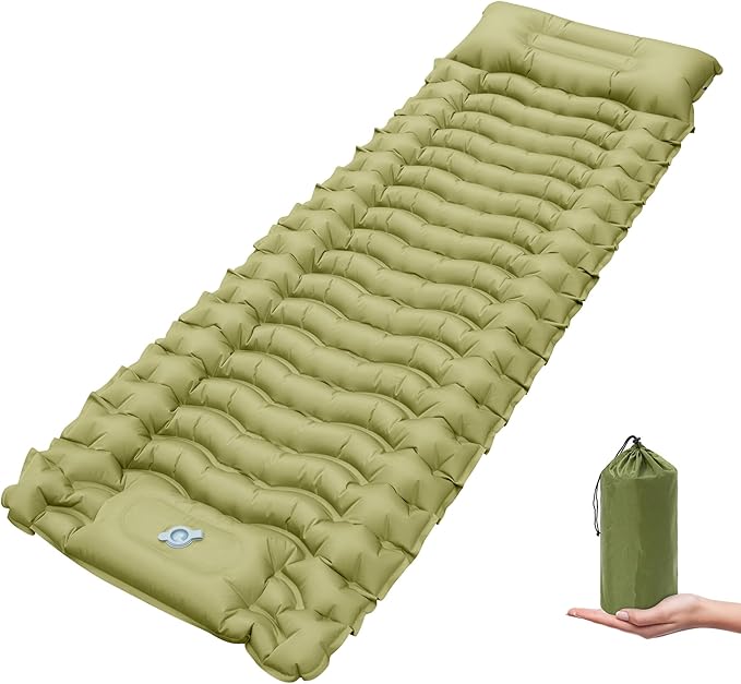 Self Inflating Sleeping Pad for Camping, Portable 4" Extra-Thick Camping Cots for Adults with Pillows & Built-in Foot Pump, Ultralight Camping Mattress for Tent Hiking Essentials Gear (Green, Single)