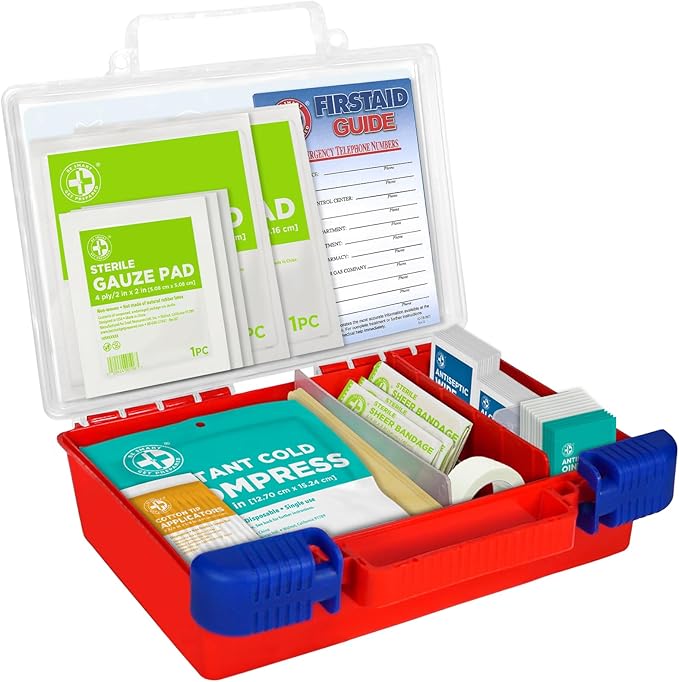 Be Smart Get Prepared 180 Piece First Aid Kit: Clean, Treat, Protect Minor Cuts, Scrapes. Home, Office, Car, School, Business, Travel, Emergency, Survival, Hunting, Outdoor, Camping & Sports, FSA HSA