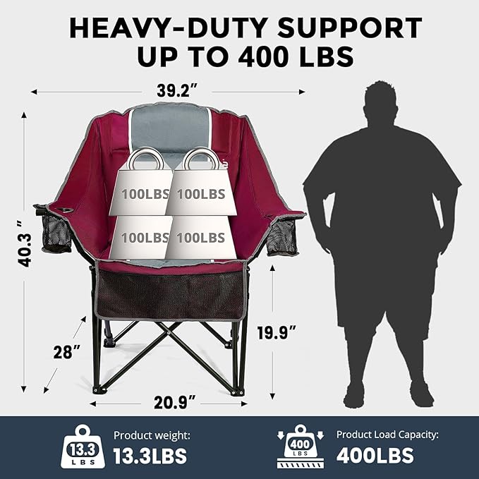 Oversized Camping Chair for Large Adults Heavy Duty 400 lbs Capacity, Comfortable Padded Folding Lawn Chair with Back & Headrest Support and Cup Holder, Portable Outdoor Chair with Carry Bag