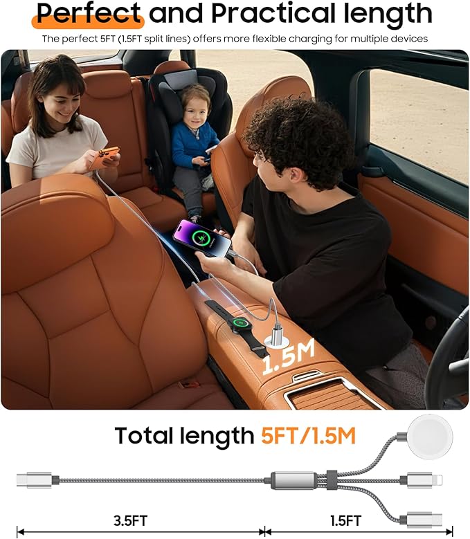 Temdan 60W Fast Charging Cable for Apple Watch Charger, Multi Charging Cable for iWatch Charger/for iPhone 17-12,3 in 1 USB C/Type C/Lightning/iWatch Charging Cord,Travel Vacation Essentials-5FT Grey
