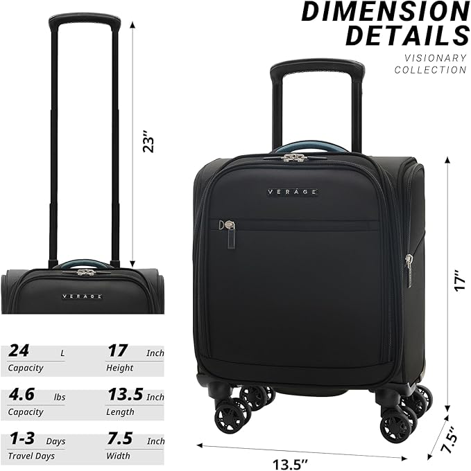 Verage 14-Inch Underseat Carry On Luggage with Spinner Wheels & USB Charging Port, Wheeled Suitcase for Airlines, Lightweight Overnight Bag for Men and Women (14-Inch Compact Underseat Pro)